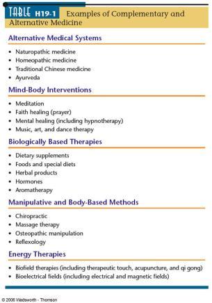 Overview of therapies Alternative medical systems Naturopathic medicine Proposes that a person s natural life force can foster self-healing Special diets, fasting, herbal remedies/other supplements,