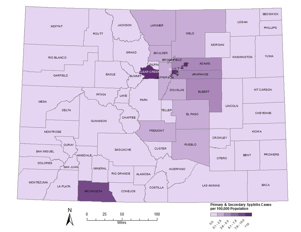 Figure 16: P&S Syphilis Incidence Rates by County Chart, Colorado, 213 County DENVER CLEAR CREEK ARCHULETA ELBERT ADAMS ARAPAHOE FREMONT WELD EL PASO BROOMFIELD LARIMER JEFFERSON DOUGLAS BOULDER