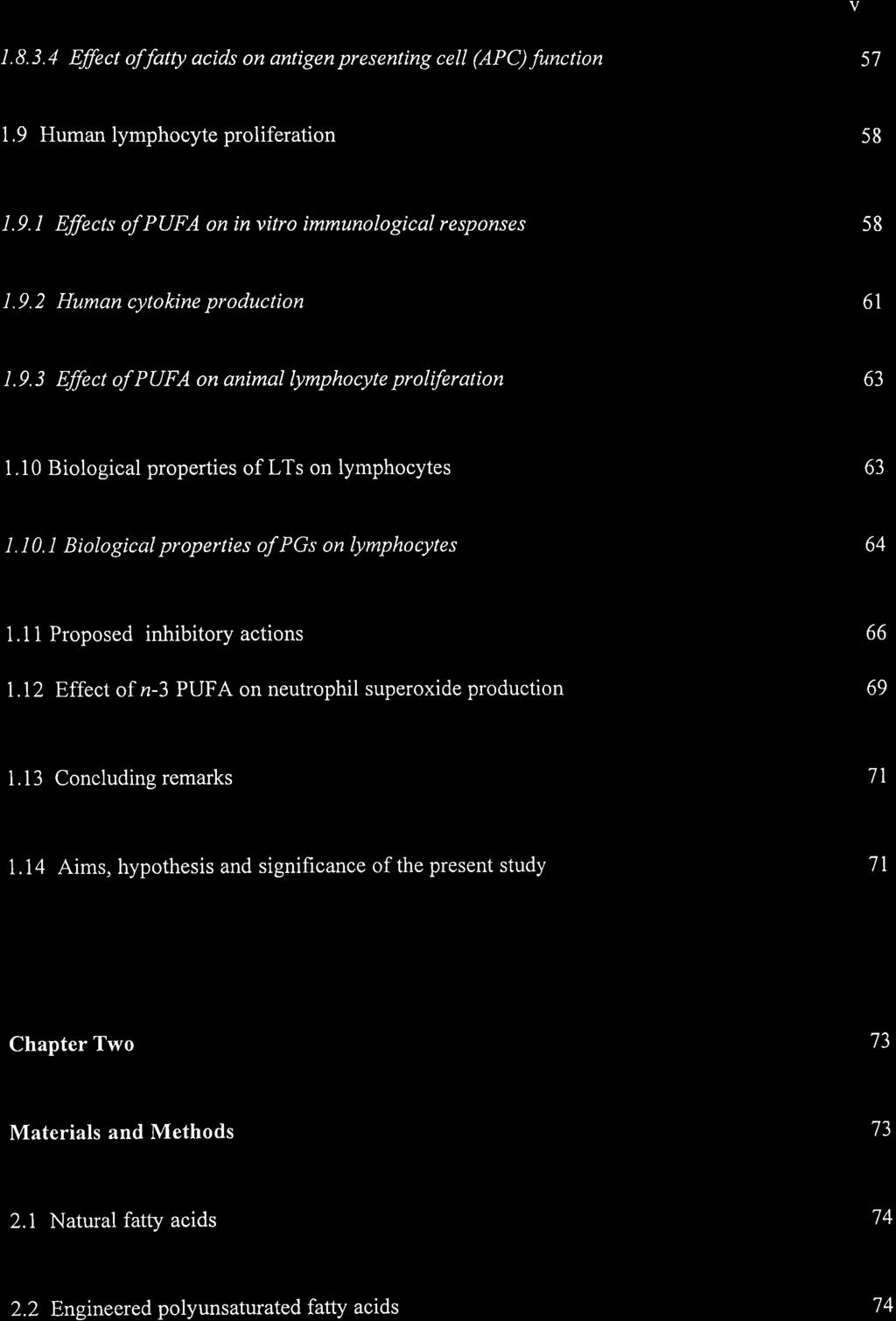 1.8.3.4 Effect offatty acids on antigen presenting cell (APC) function 57 1.9 Human lymphocyte proliferation 58 1.9.1 Effects of PUFA on in vitro immunological responses 58 1.9.2 Human cytokine production 61 1.