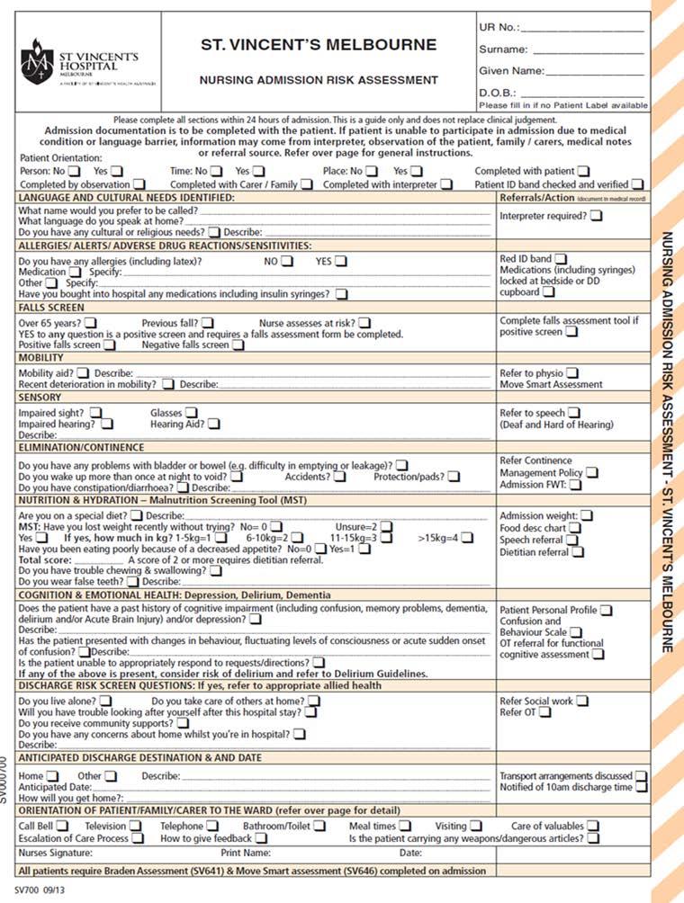 Identification of Malnutrition - Achievements Malnutrition Screening Tool incorporated into the Nursing Admission Risk Form Electronic method of
