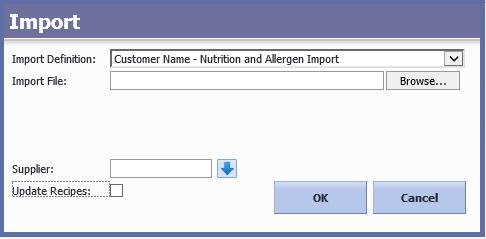 To do this you need to go to Operational Modules, System Integration then Import (Upload File) Select the Import Definition that says Nutrition and Allergen Import.