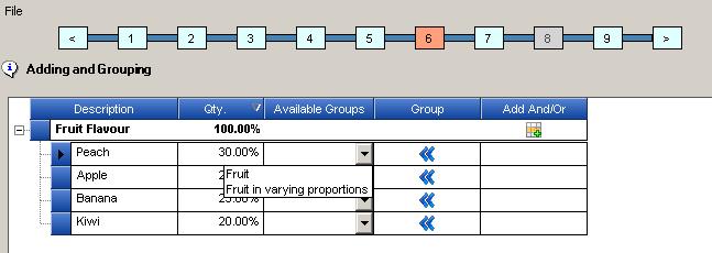 Ingredient Groups Users can assign the ingredient to the group in the Component Line Generator Prefix e.g. Ingredients : Fruit in varying proportions (Peach, Apple, Banana, Kiwi).