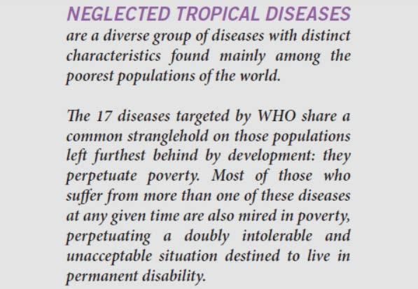 WHO definition Viral infections Dengue fever Rabies Bacterial infections Blinding trachoma Buruli ulcer Endemic treponematoses (Yaws) Leprosy Protozoan infections Chagas disease Human African