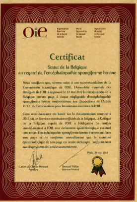 Official recognized disease status Official disease status - certificate Mai, 2012: Belgium received the «OIE negligible risk status for BSE» International signal Used as a basis of trust to start