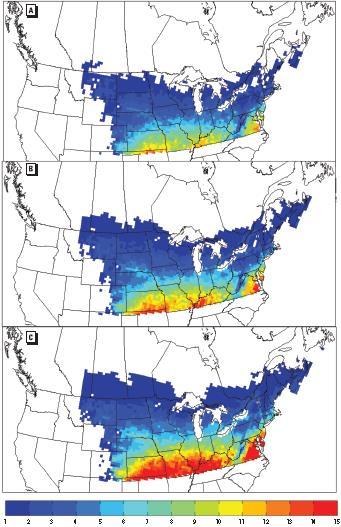 Northward Range Expansion Color scale represents the R 0 for Ixodes Scapularis tick.