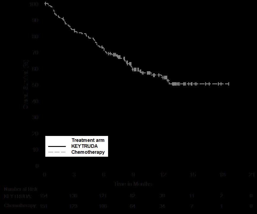 Figure 6: Kaplan-Meier Curve for Overall Survival by Treatment Arm in KEYNOTE-024 (Intent to Treat Population) NOC/c KEYNOTE-010: Controlled trial in NSCLC patients previously treated with