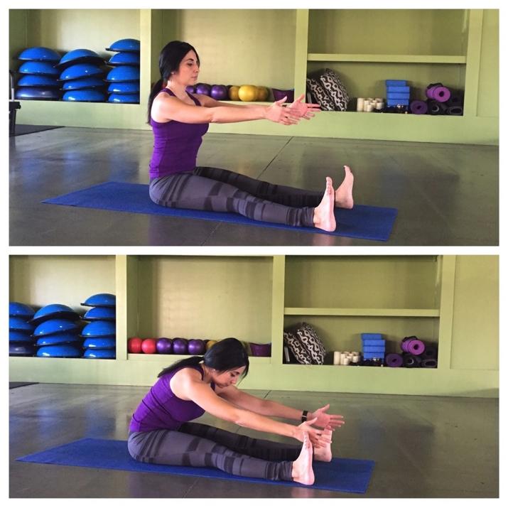 Day 6 - Spine Stretch Begin by sitting straight up. Legs straight shoulder width apart, feet flexed. Arms straight out in front of your body.