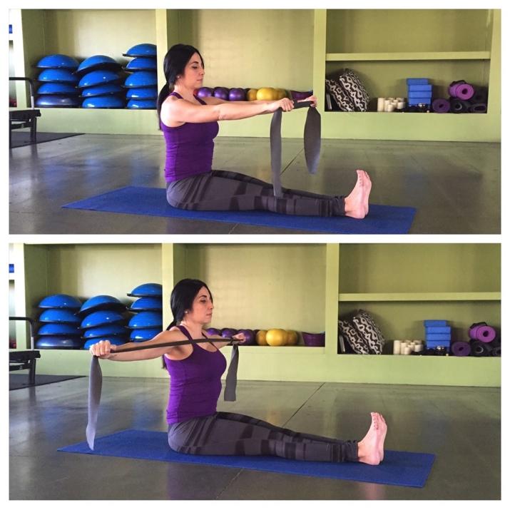 Day 10 - Band Pull Holding an exercise/stretch band in both hands, extend arms straight up overhead.