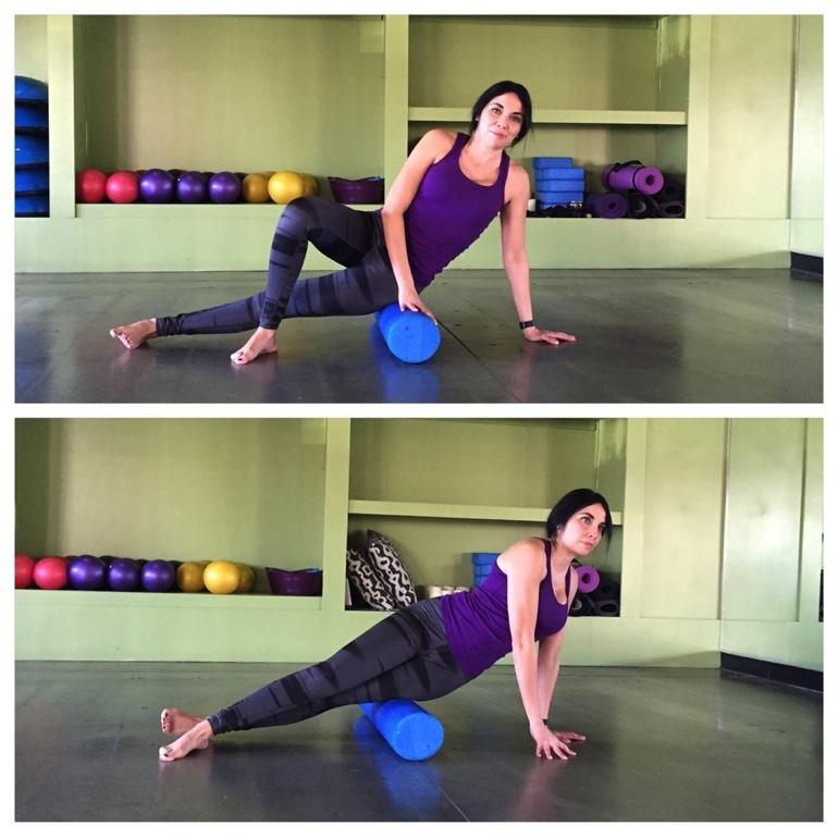 Day 21 - IT Foam Roll Use a foam roller for this movement. Begin by placing your left hip directly on the foam roller. Right knee is bent with foot firmly placed on the floor.