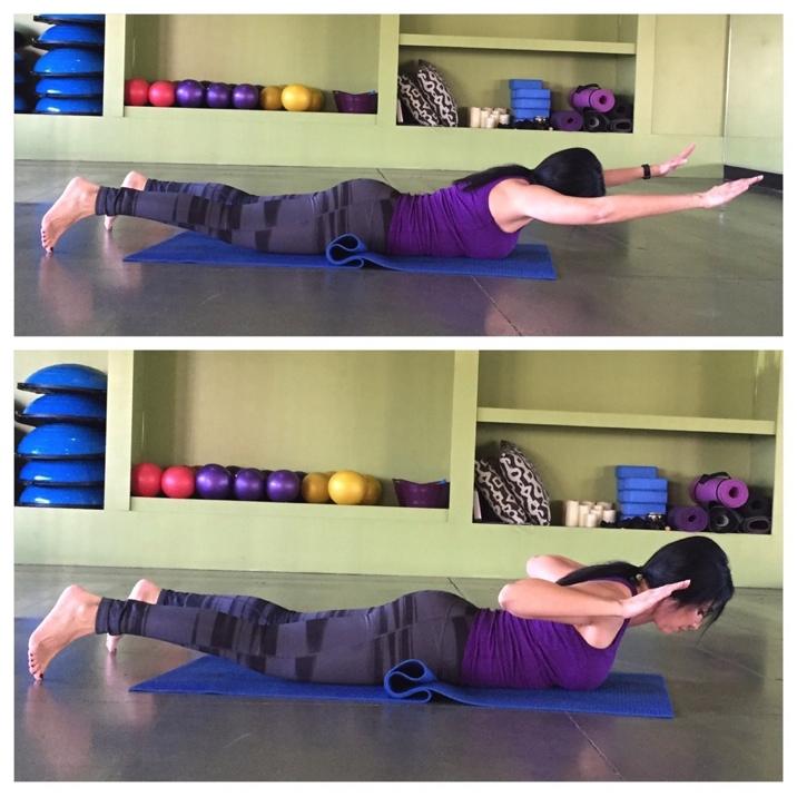 Day 23 - Pivot Prone Begin by laying stomach down on the floor or on a mat. Legs extended straight out behind you, toes pressed down to the floor. Extend both arms straight out overhead.