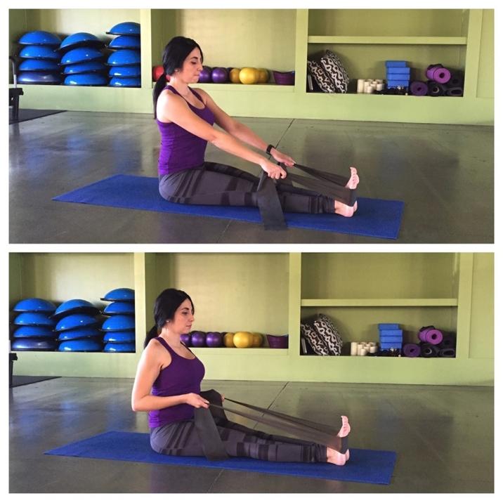 Day 24 - Band Forward Row Hold an exercise/stretch band in both hands. Begin by sitting straight up. Legs straight out in front of your body, feet flexed and pressed together.