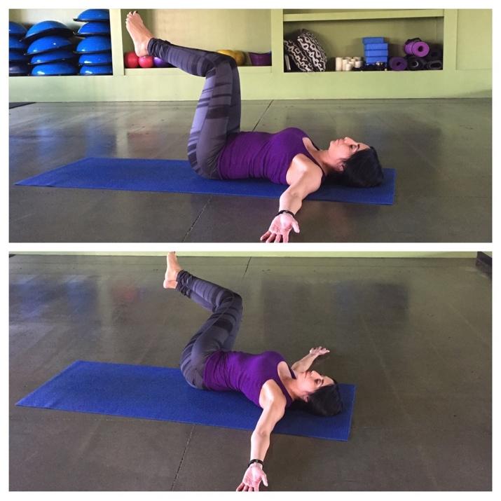 Day 5 - Side Twist Begin by laying on the floor. Bend both knees to a tabletop position. Arms extend out to a T- position. Inhale as you bring both knees over the right.