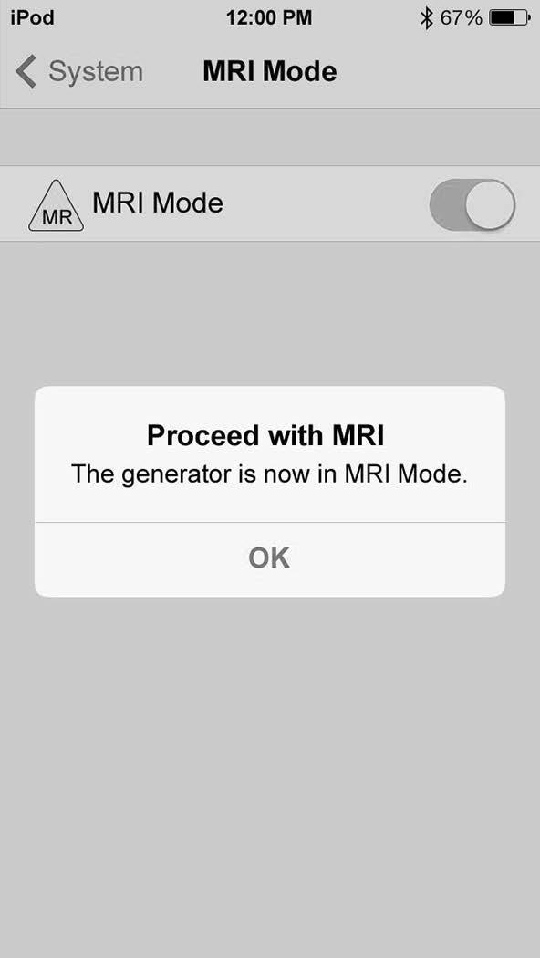 If the checks are successful, the "Proceed with MRI" message appears and the MRI mode is on (see the following figure).