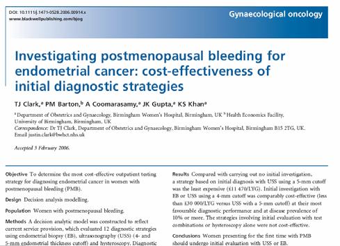 Common presentations: POSTMENOPAUSAL BLEEDING Likely diagnosis 5-15% = Endometrial cancer / pre-cancer (atypical endometrial hyperplasia) 85-95%= Benign pathology Atrophic changes to lower genital