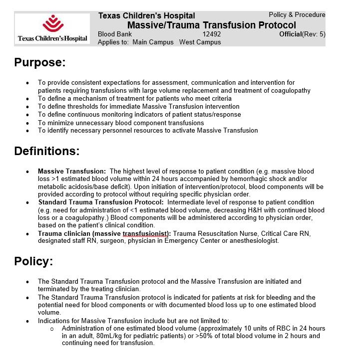 TCH Massive Transfusion Protocol -