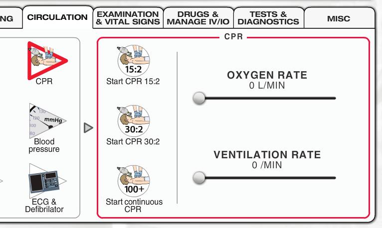 Circulation > CPR Menu: CPR CPR. Start CPR 15:2 Performs CPR with cycles of 15 chest compressions and 2 ventilations. (Press button again to stop compressions.