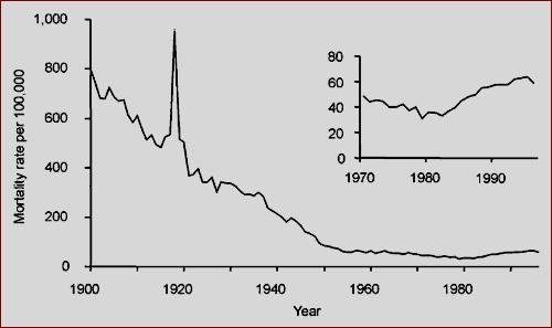 The spike shows the 1918 influenza pandemic, which killed more than 20 million people, including about 500,000 Americans