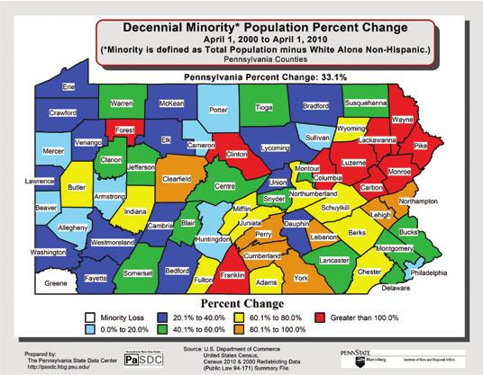 In 2010, Pennsylvania s Hispanic population had increased to 719,660 (almost 82.6 percent) compared to 2000. Each of the specific Hispanic origin groups in Pennsylvania increased from 2000 to 2010.