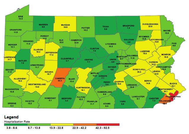 Figure 3-12: Inpatient Hospitalization Rates with Asthma as the Primary Discharge Diagnosis among Children, PA 2003-2010 Section 3: Asthma Hospitalization in Pennsylvania Data Source: Pennsylvania