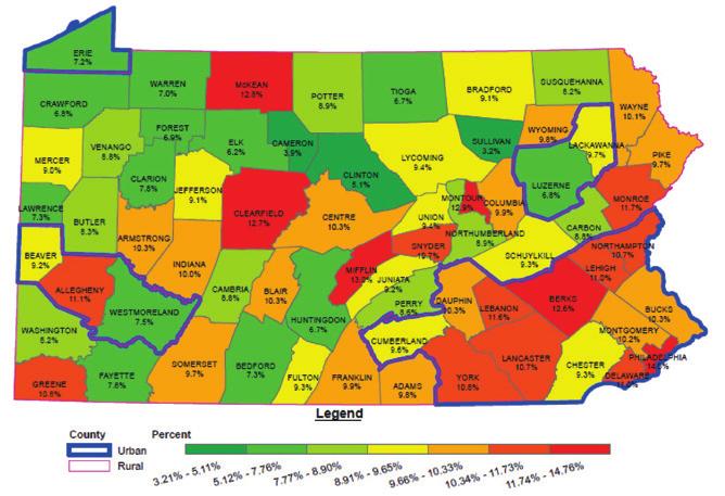 Figure 4-3: Lifetime Asthma Prevalence Among School Students by County, Pennsylvania 2003/04-2008/09 (Combined Data) Section 4: Asthma Lifetime Prevalence among Pennsylvania School Students Data