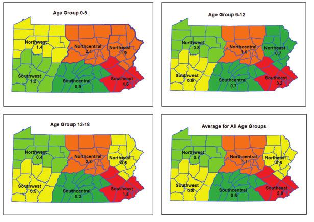 Figure 5-4: Inpatient Hospitalization Rates with Asthma as Primary Discharge Diagnosis by Age Group and Health District, PA 2005-2010 (Combined Data) Data Source: Children s Health Insurance Program