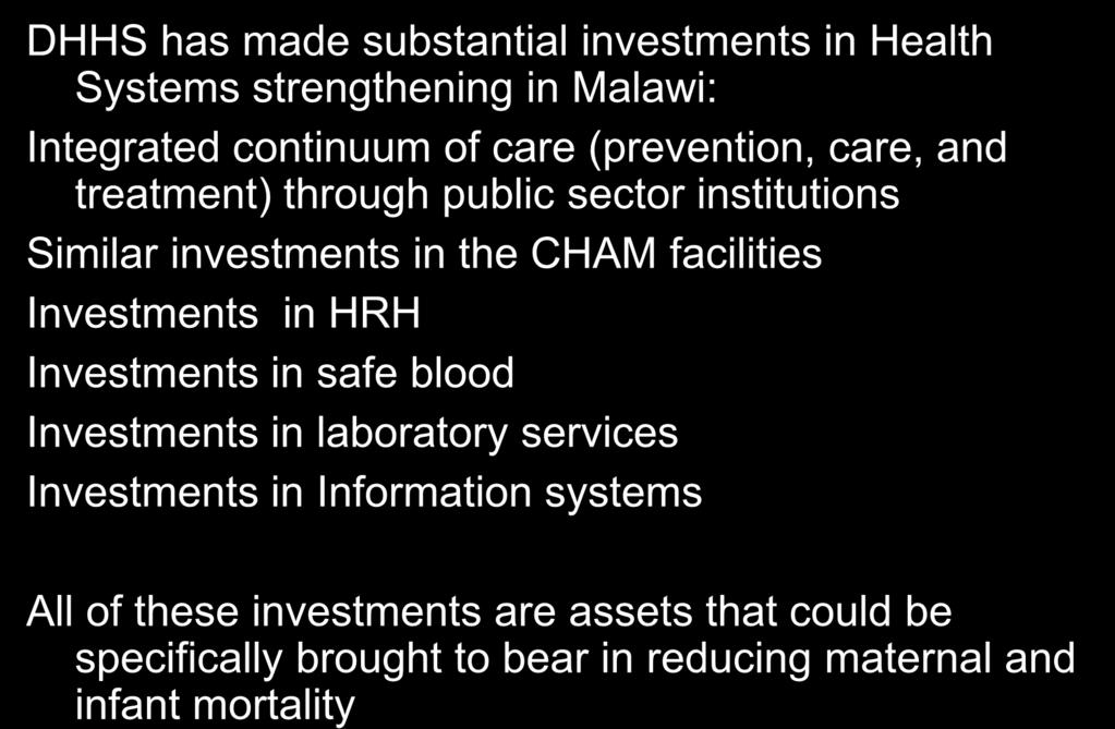 Investments in HRH Investments in safe blood Investments in laboratory services Investments in Information systems