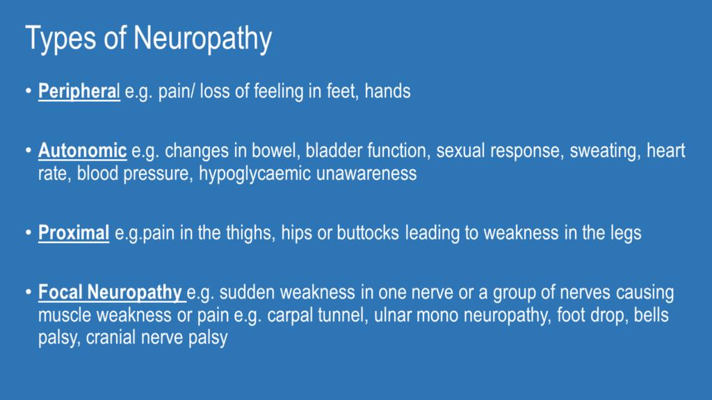 There are many separate types of neuropathy. The classic glove and stocking neuropathy affects your hands and feet and is involved with pain and loss of sensation and is called peripheral neuropathy.