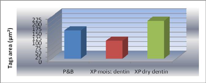 2. Resin tag surface area Results XP group with dry dentin attained statistically significant highest tags area (200.4 µm²). Intermediate tags area was obtained with P&B group (149.