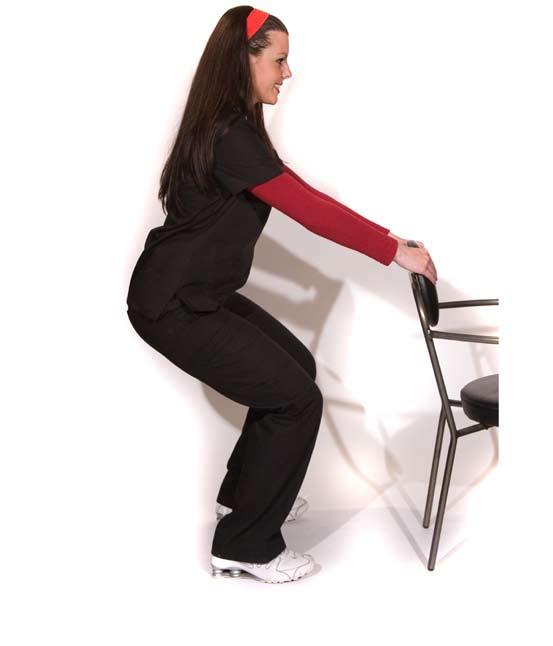 Home Exercise #11: Partial Squats Standing behind a sturdy chair/ at a counter/ or holding onto stable walker, slowly bend your knees