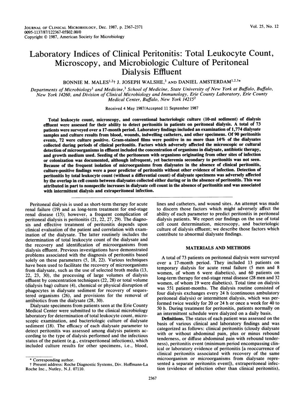 JOURNAL OF CLINICAL MICROBIOLOGY, Dec. 1987, p. 2367-2371 0095-1137/87/122367-05$02.00/0 Copyright C 1987, Americn Society for Microbiology Vol. 25, No.