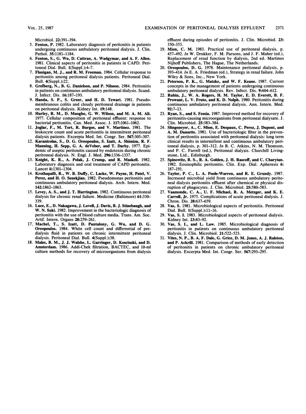 VOL. 25, 1987 EXAMINATION OF PERITONEAL DIALYSIS EFFLUENT 2371 Microbiol. 22:391-394. 5. Fenton, P. 1982. Lbortory dignosis of peritonitis in ptients undergoing continuous mbultory peritonel dilysis.