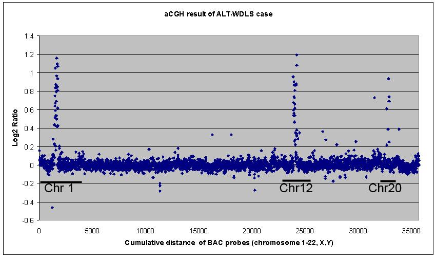 Array CGH Result Confirmatory FISH 3 Distinct amplification peaks on chromosome 1q, 12q and 2q indicate the borders of the amplified genome parts