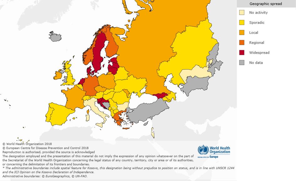 Fig. 2. Geographic spread in the European Region, week 15/2018 For interactive maps of influenza intensity and geographic spread, please see the Flu News Europe website.