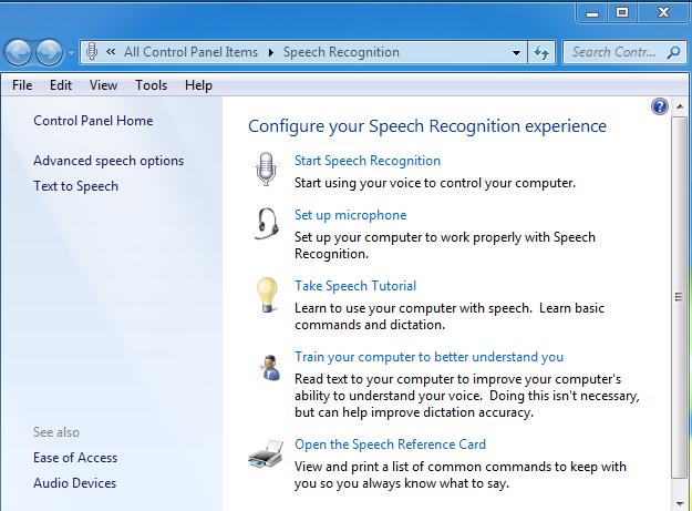 The advanced speech options panel allows creation of multiple user profiles on the same computer.