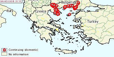 LSD outbreaks in Greece (Source OIE/WAHIS) Start: 18/08/15 131 outbreaks Continuing