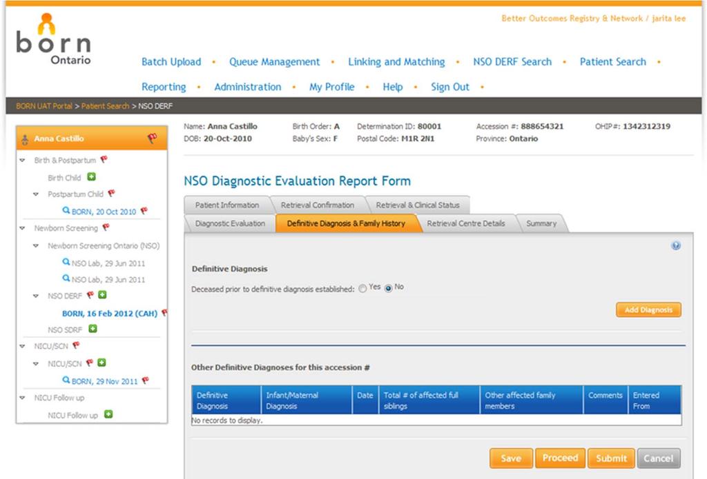 NSO DERF Encounter Definitive Diagnosis & Family History Screen The Add New Diagnosis button is enabled only after it has been