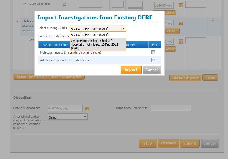 NSO DERF Encounter Import from Existing DERF Clicking on the Import button will bring up a prompt window containing all available DERFs for the patient that you can import from When importing data