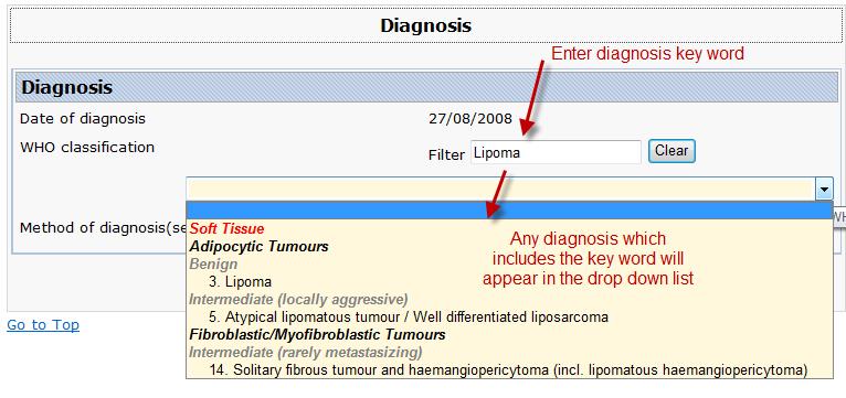 To narrow the list of values shown in the WHO classification drop-down list, type a keyword into the field marked Filter and then use the drop-down list (see figure below).