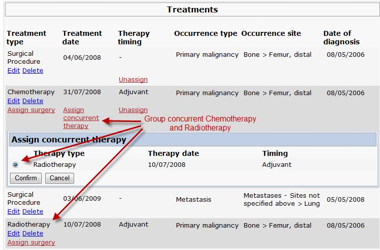 Assigning concurrent chemotherapy and radiotherapy treatment relationships Chemotherapy or radiotherapy treatments that are given as concurrent therapy must be assigned to each other.