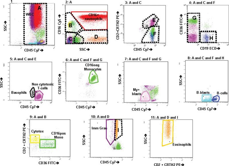 Figure 1. Gating strategy to enumerate 1 circulating blood cell types. Panel 1: Selection of CD45pos WBCs (gate A).