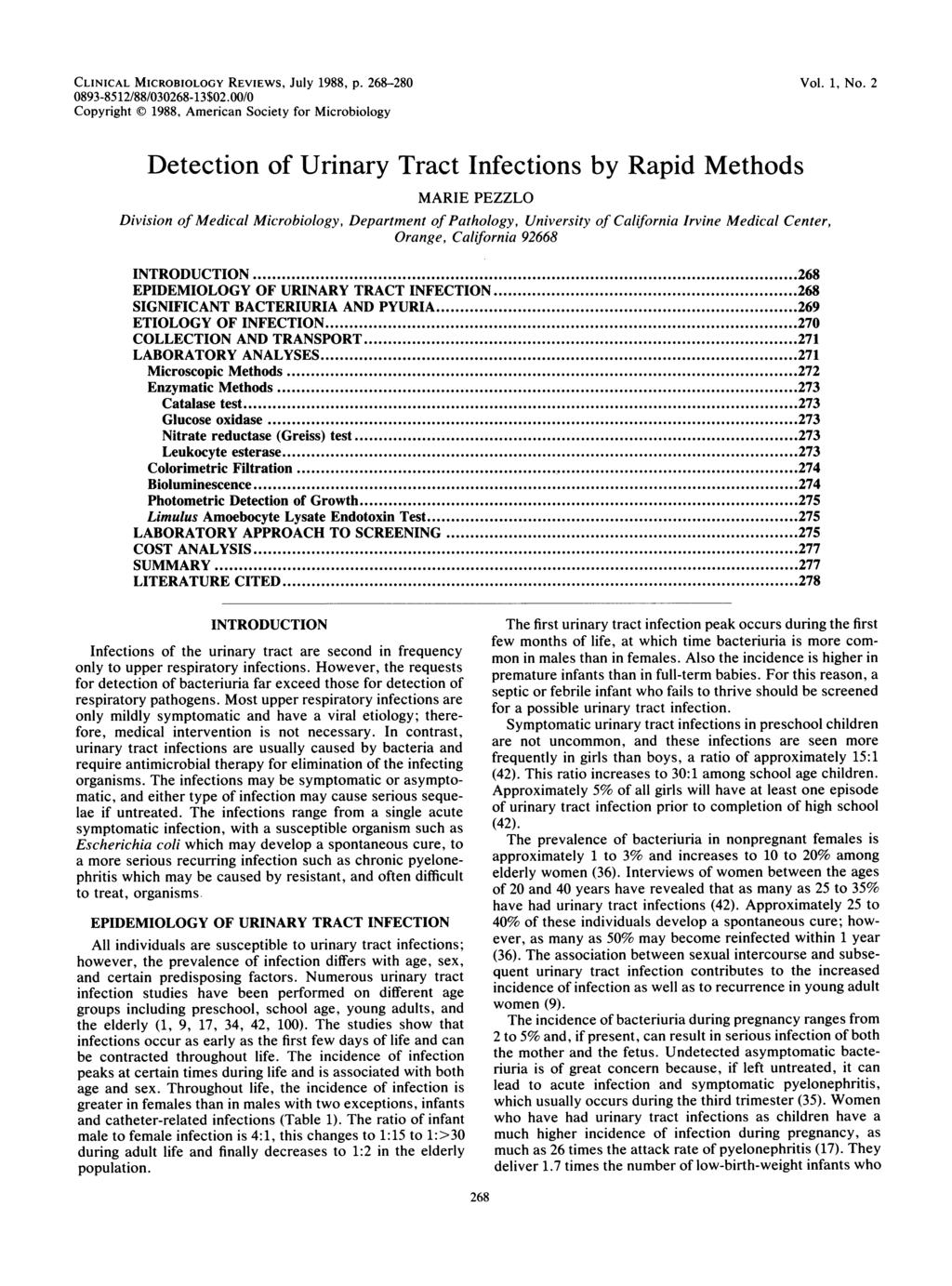CLINICAL MICROBIOLOGY REVIEWS, JUly 1988, p. 268-280 Vol. 1, No. 2 0893-8512/88/030268-13$02.