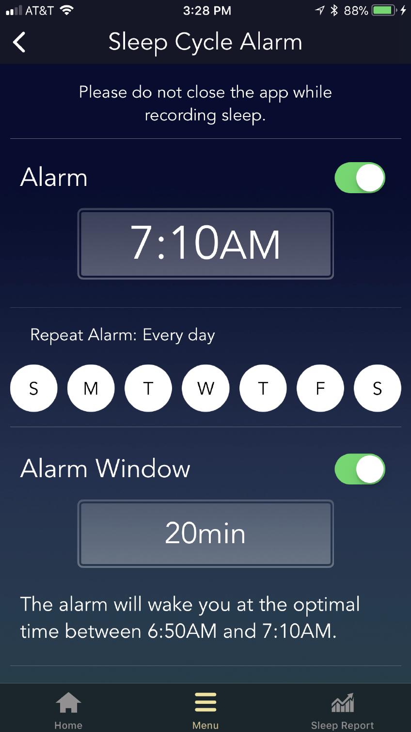 Access the alarm settings from Menu > Set Sleep Cycle Alarm. Set the latest time at which the alarm will sound.