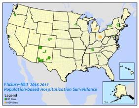 Hospitalization Surveillance: FluSurv-Net Population-based surveillance for laboratory-confirmed influenza-related hospitalizations 13 states (70 counties) ~ 9% US population under surveillance
