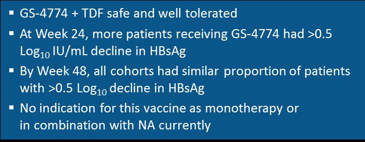 Therapeutic Vaccine: GS-4774 in combination with TDF in patients with chronic hepatitis B not on antivirals GS-4774 is a heat-inactivated, yeast-based T-cell vaccine Recombinant protein containing