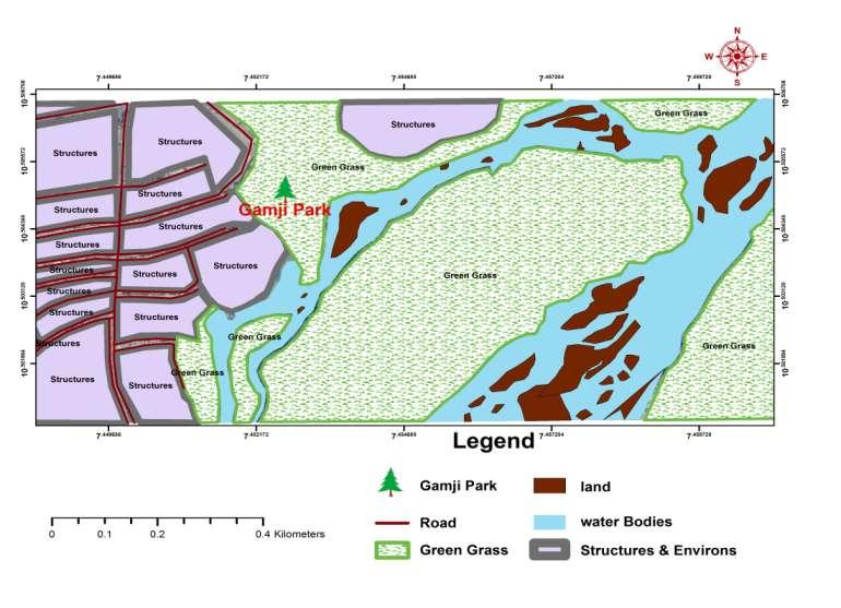 Int. J. Mod. Biol. Res. 2 Gamji Park Roads Green grass Land Water bodies Structures and environs Figure 1. Sketch map of Hassan Katsina Recreational Park (Gamji Park) Kaduna.
