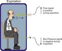 In body plethysmography, the pa-ent sits inside an air-ght box, inhales or exhales to a par-cular volume (usually FRC), and then a shuber drops