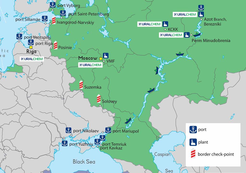 Distance to port, km: Sea ports KCKK Branch, Azot Branch, VMF Minudobrenia, Kirovo-Chepetsk Berezniki Perm Saint-Petersburg 1 287 1 993 1 143 1 988 Vyborg 1 411 2 117 1 267 2 112 Riga 1 850 2 556 1