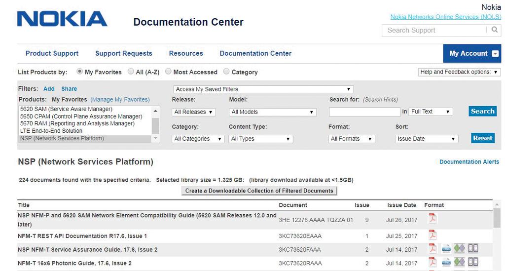 Documentation Figure 7 OLCS Documentation Center From the NSP product documentation page in the OLCS Documentation Center you can: filter by release, model, category, content type, and format sort