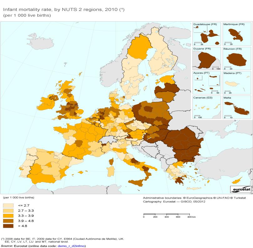 Figure 8: Infant mortality in EU NUTS 2 regions, 2010 Data from