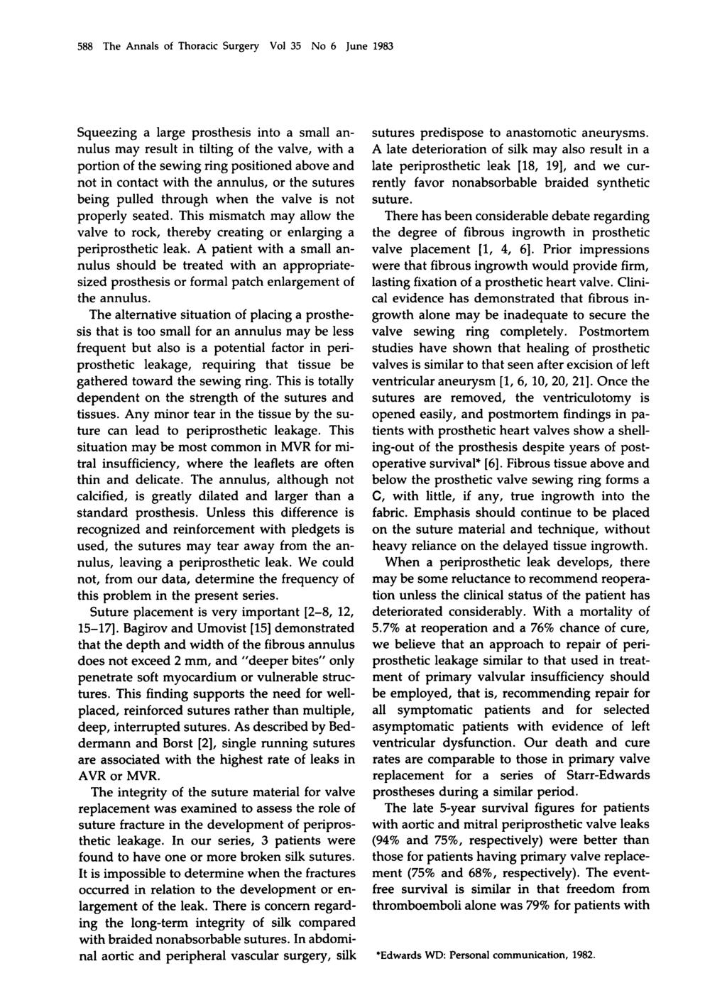 588 The Annals of Thoracic Surgery Vol 35 No 6 June 1983 Squeezing a large prosthesis into a small annulus may result in tilting of the valve, with a portion of the sewing ring positioned above and